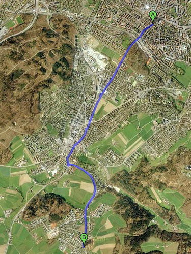 Vorgesehener Streckenverlauf: 
A. Eigerplatz Bern
B. Endstation Schliern